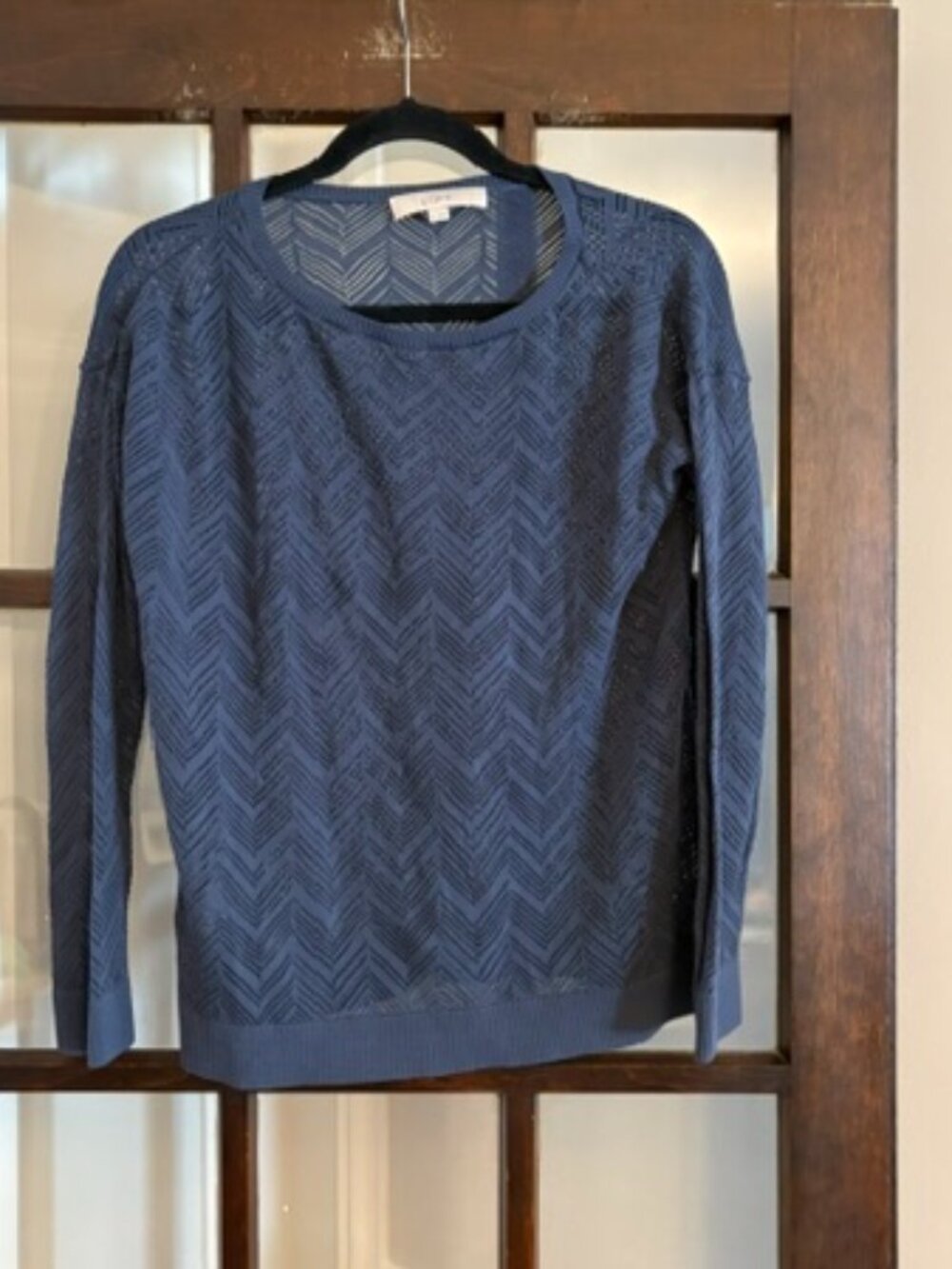 LOFT Blue Crewneck Sweater in Pointelle Chevron Pattern, Size Medium